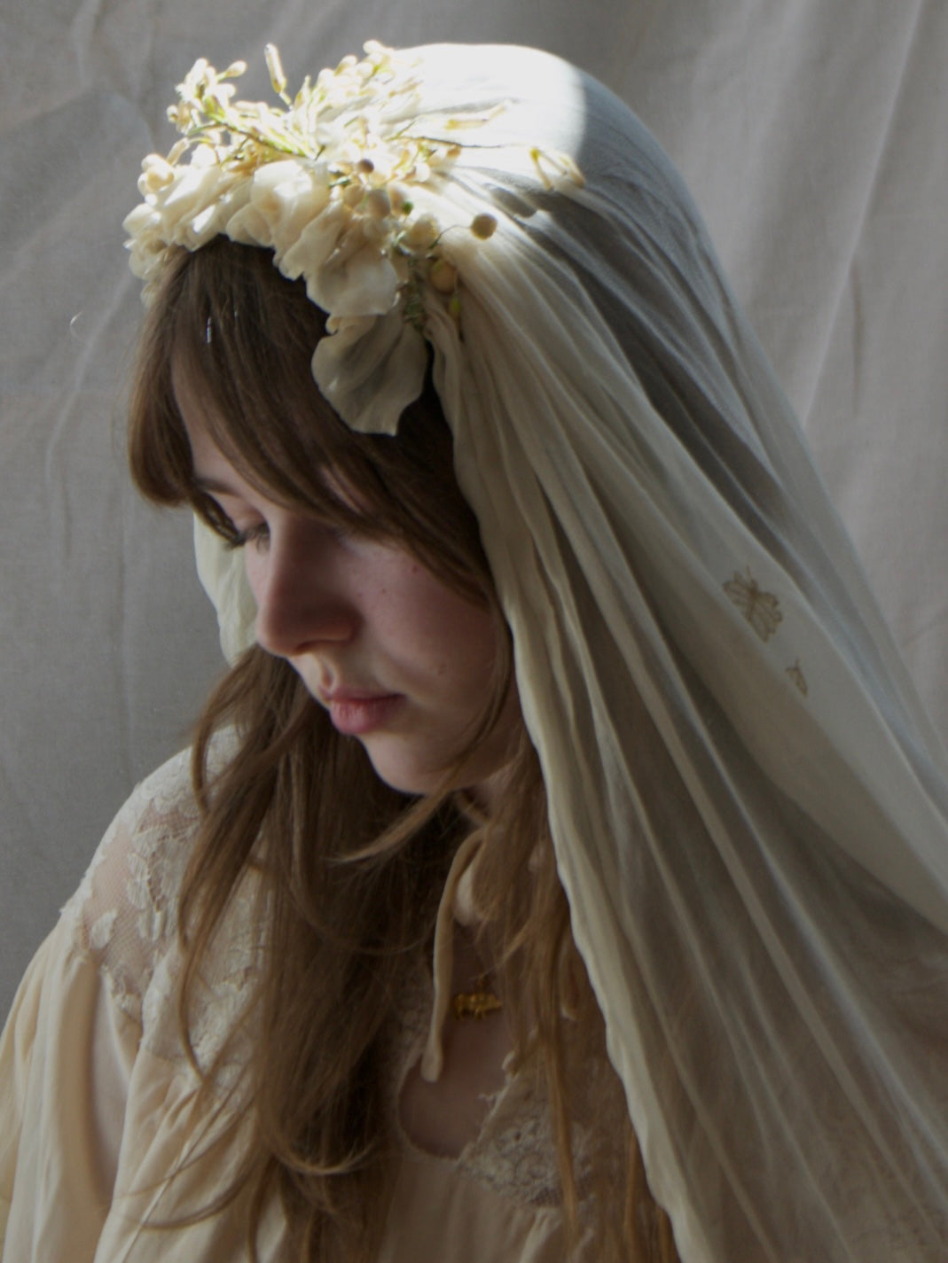 Antique Edwardian Wax Flower Crown Chiffon Applique Bridal Veil