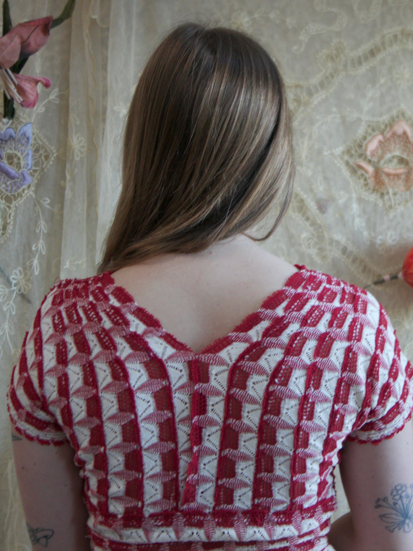 1950s Red/ White Crochet Knit Dress