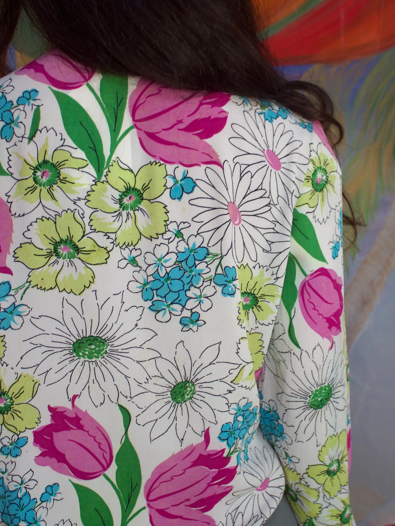 1940s Vibrant Large Scale Day-Glo Floral Print Rayon Crepe Blouse