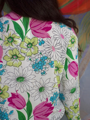 1940s Vibrant Large Scale Day-Glo Floral Print Rayon Crepe Blouse