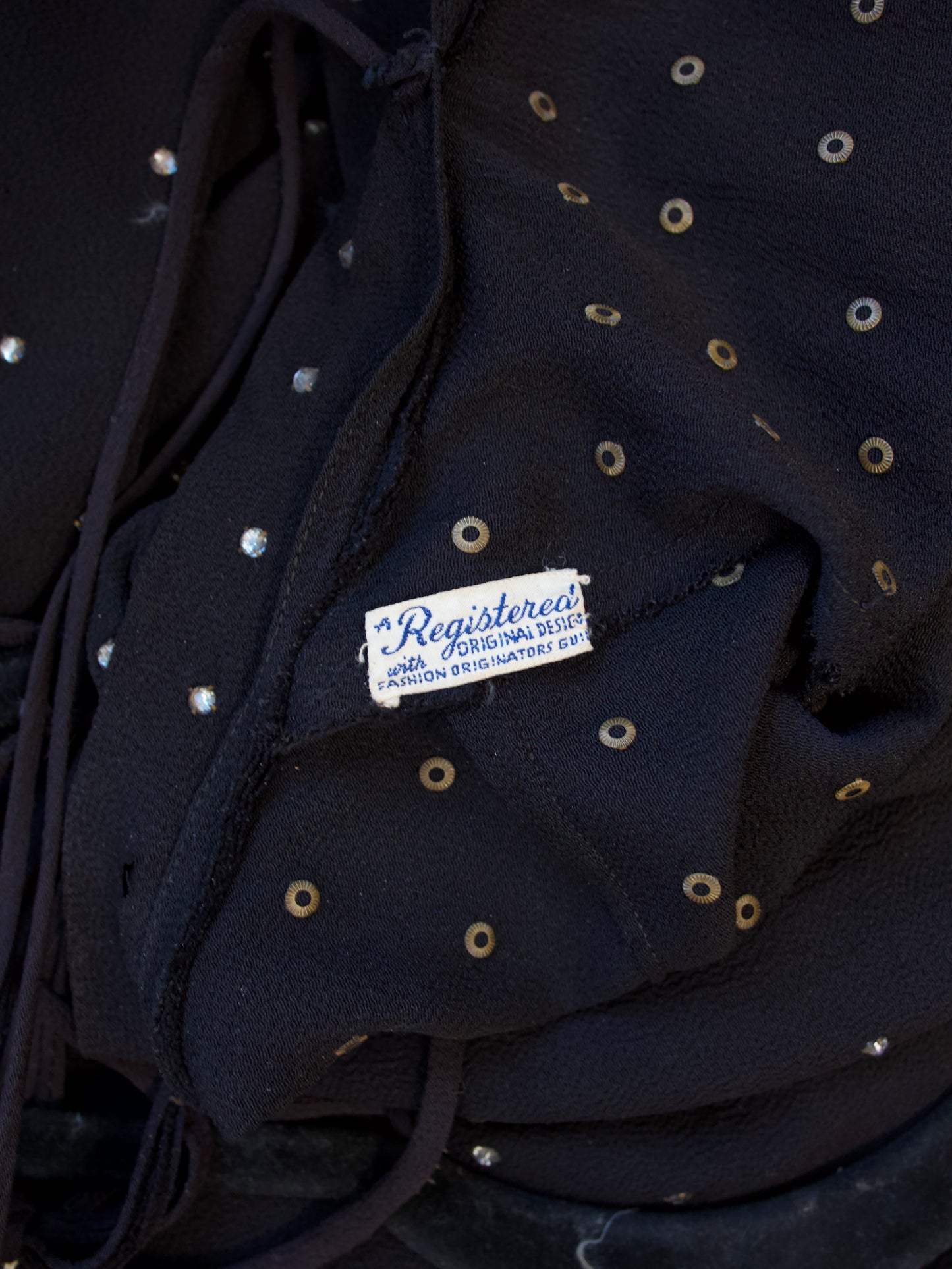 1930s Diamanté Rayon Crete Jet Black Tie Shoulder Gown