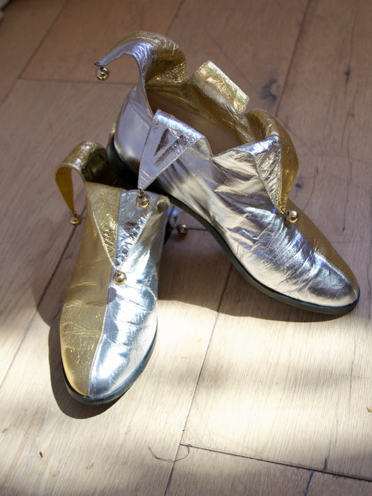 Special 1970s Two Tone Metallic Leather Jester Booties w* Bells