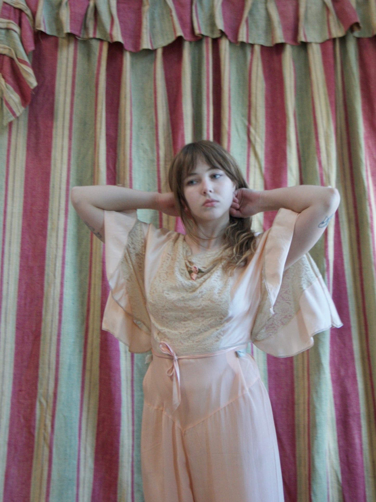 Antique Soft Pink Silk & Lace Ribbonwork Tie Waist Capelet Blouse