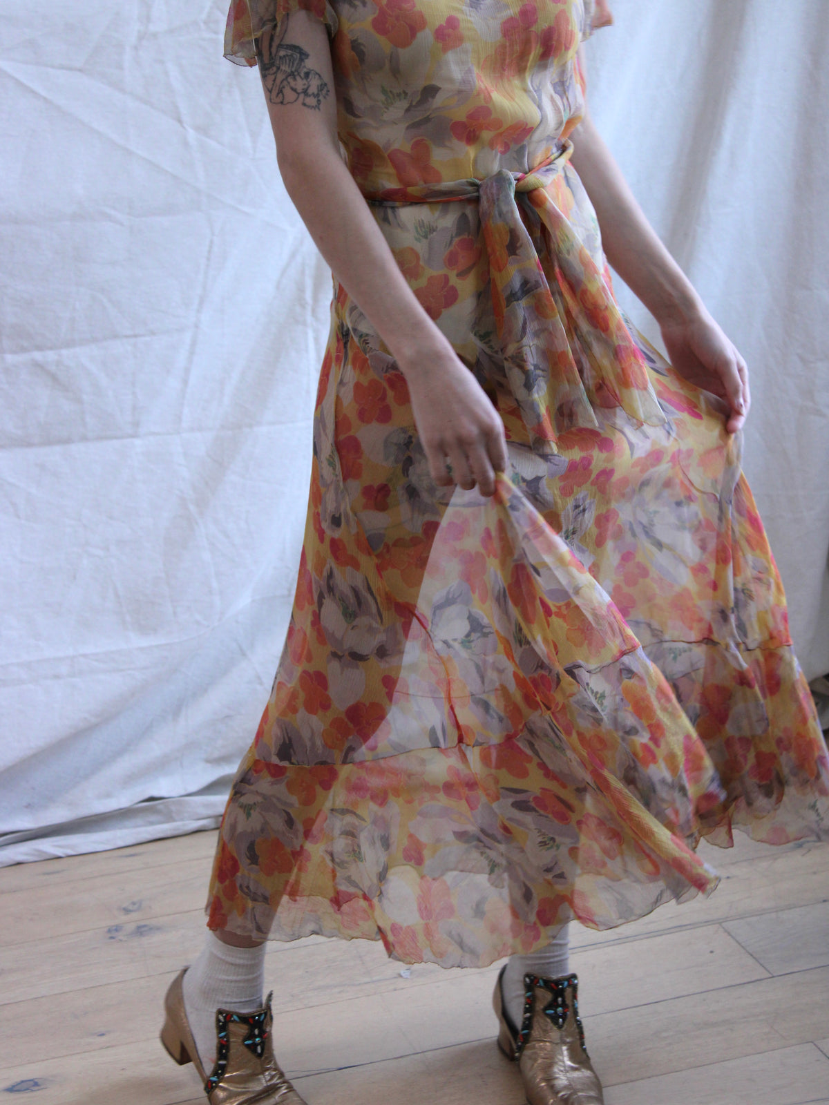 1930s Floral Chiffon Flutter Sleeve 2 PC Dress