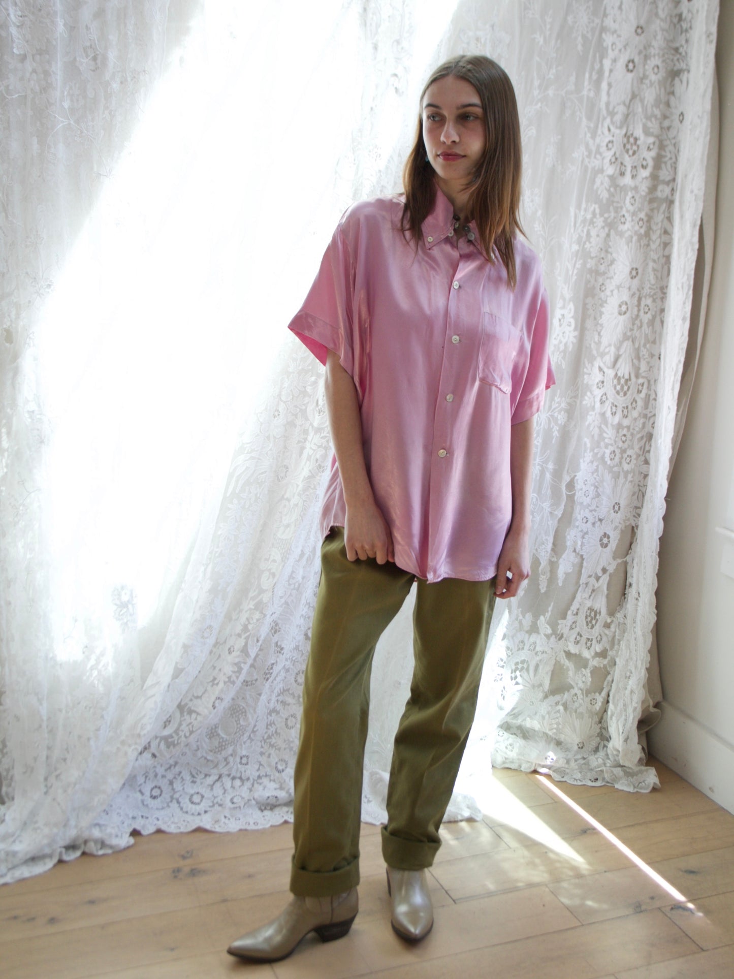 Rare 1950s 'Day-Glo' Neon Lilac Rayon Satin Shirt