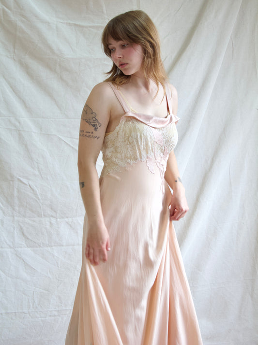 1930s Hand Sewn Bias Cut Silk Lace Floral Appliqués Slip Dress