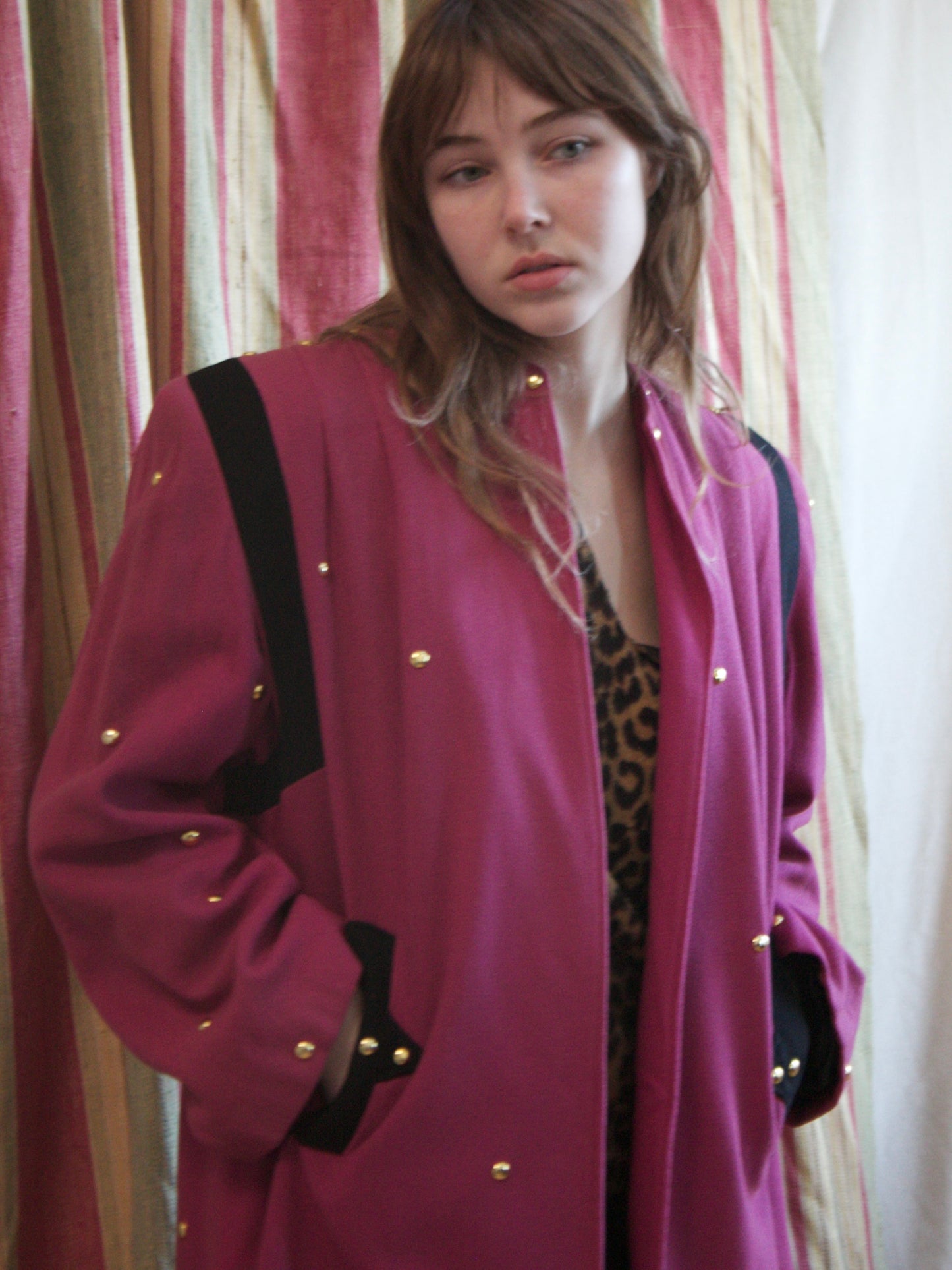 1940s Color Block Strong Shoulder Studded Swing Coat