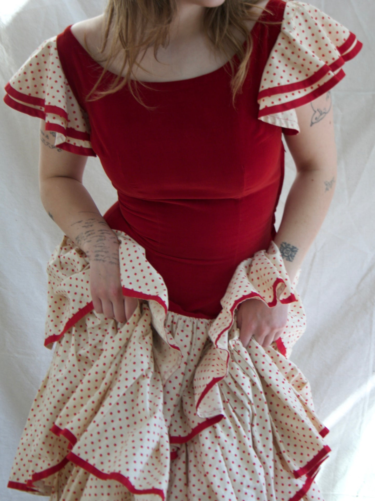 1930s Flamenco Velveteen Polka Dot Ruffle Dress