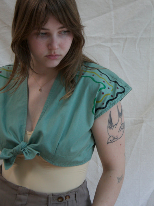 1940s Sage Green Strong Shoulder Tie Front Cop Top