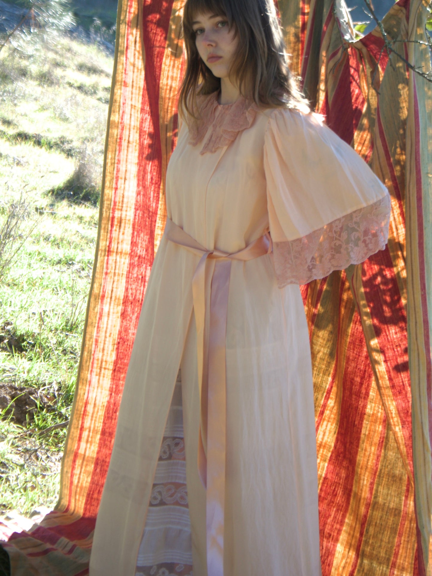 1930s Flutter Sleeve Tambour Lace Trim Wrap Robe