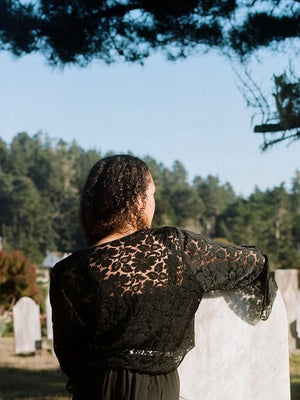 1930s Inky Black Bell Sleeve Floral Lace Bolero Jacket