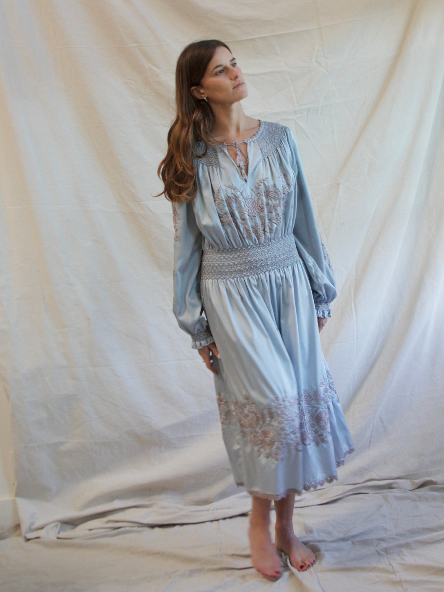 Vintage Icey Blue Silk Satin Hungarian Embroidered Peasant Dress