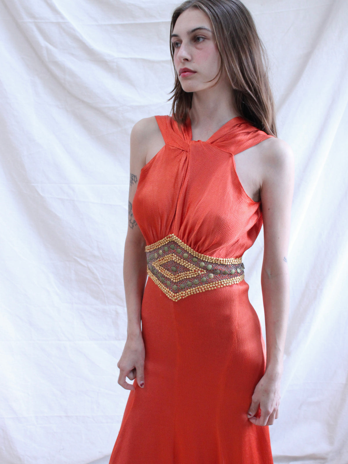 1930s Deco Tangerine Hammered Silk 24K Gold Beaded Bias Gown