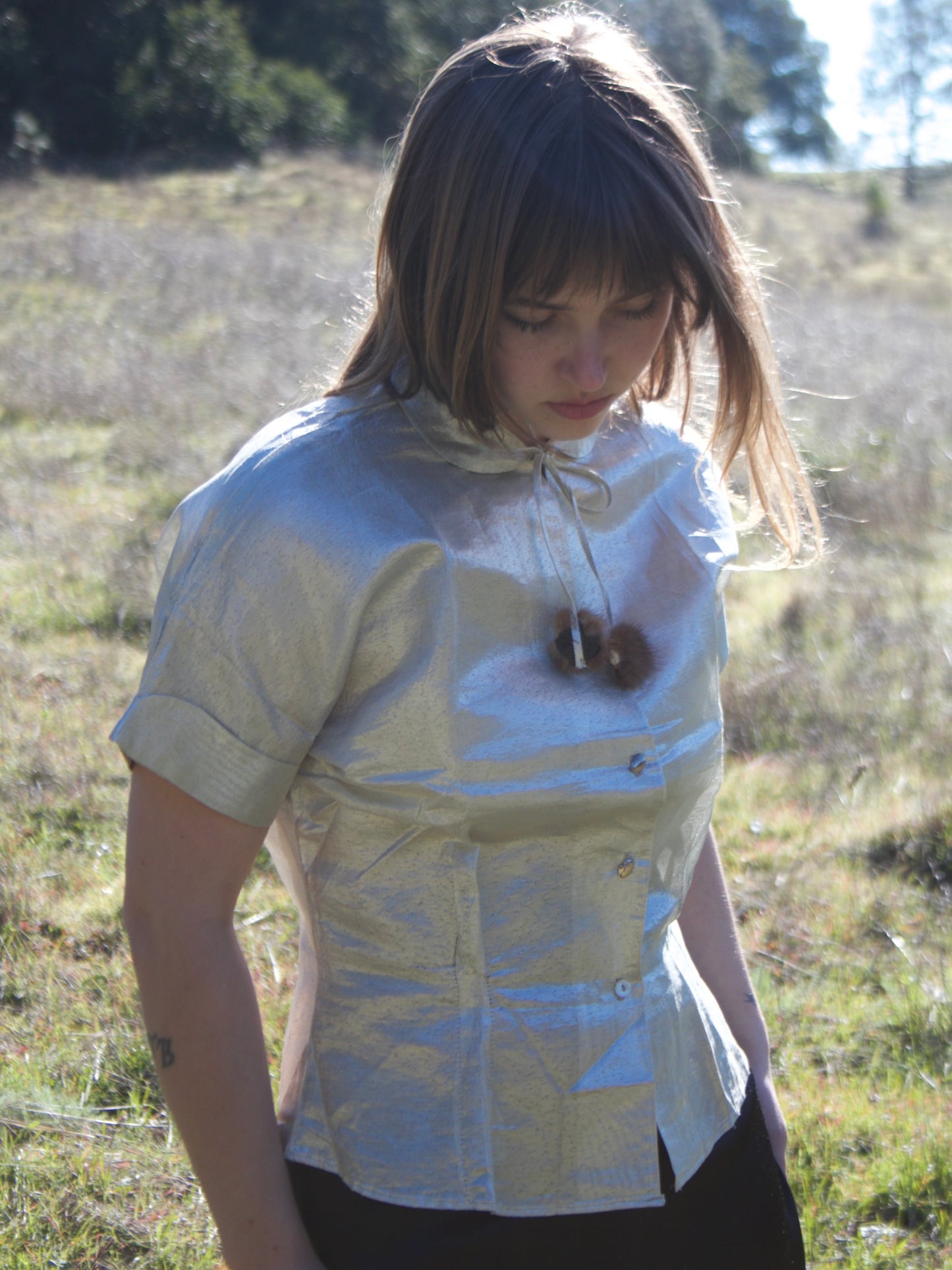 1950s Deadstock Silver Lamé Fur Trim Blouse