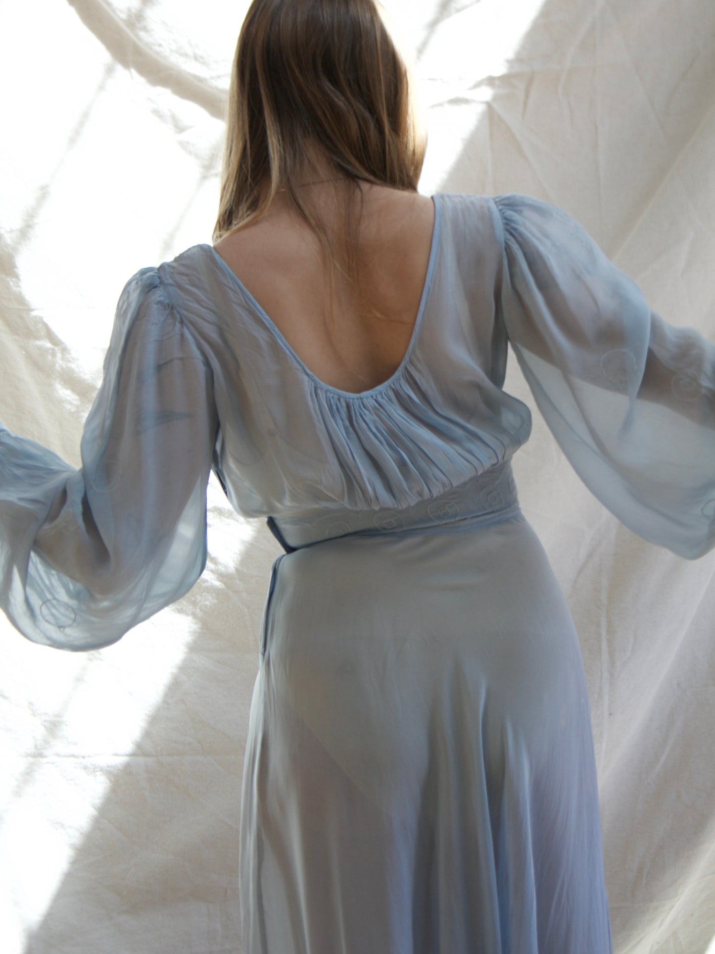 1930s Balloon Sleeve Baby Blue Sheer Gown
