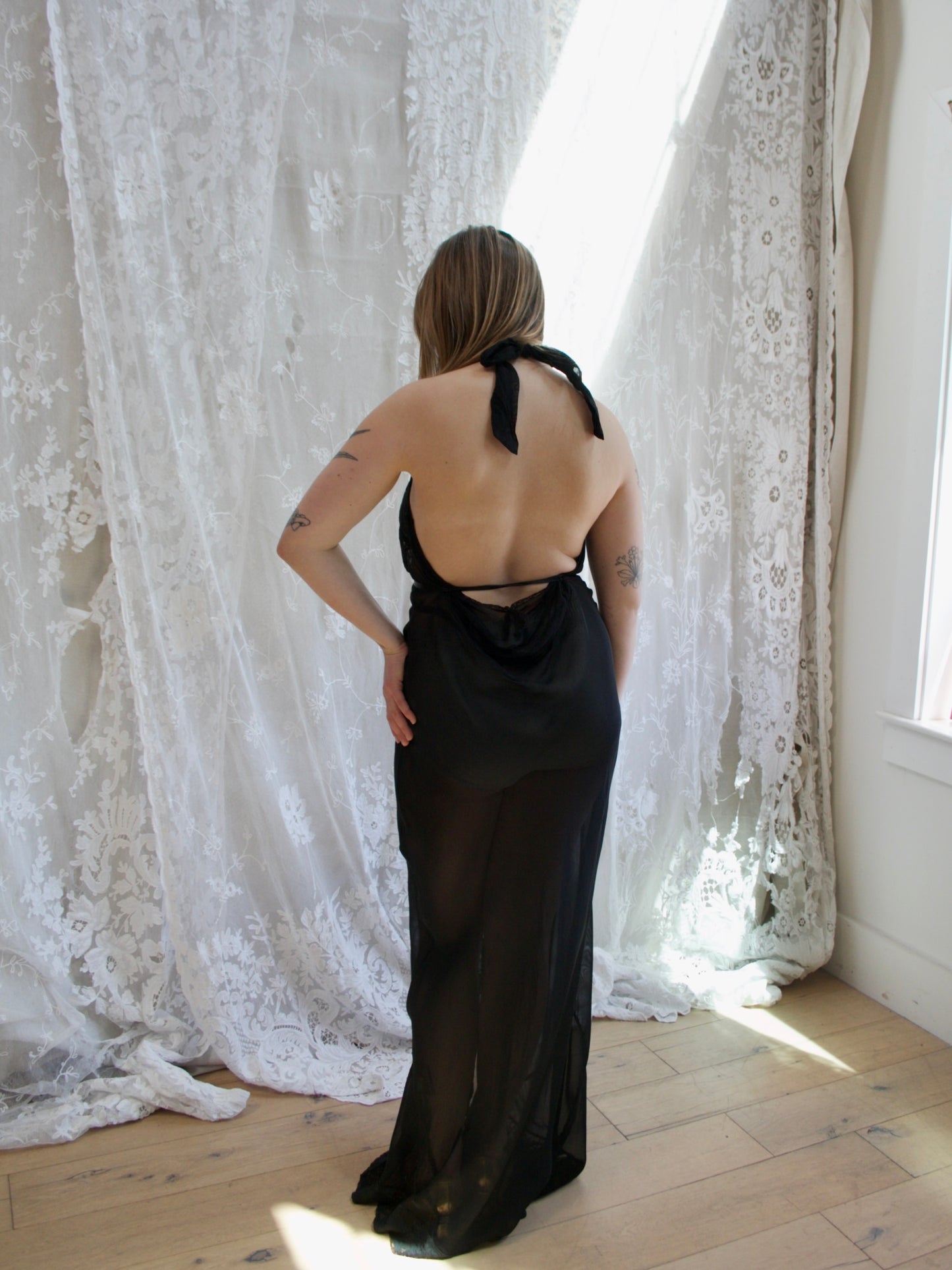 1940s Sheer Rayon Halter Lace Midriff Cutout Lingerie Gown