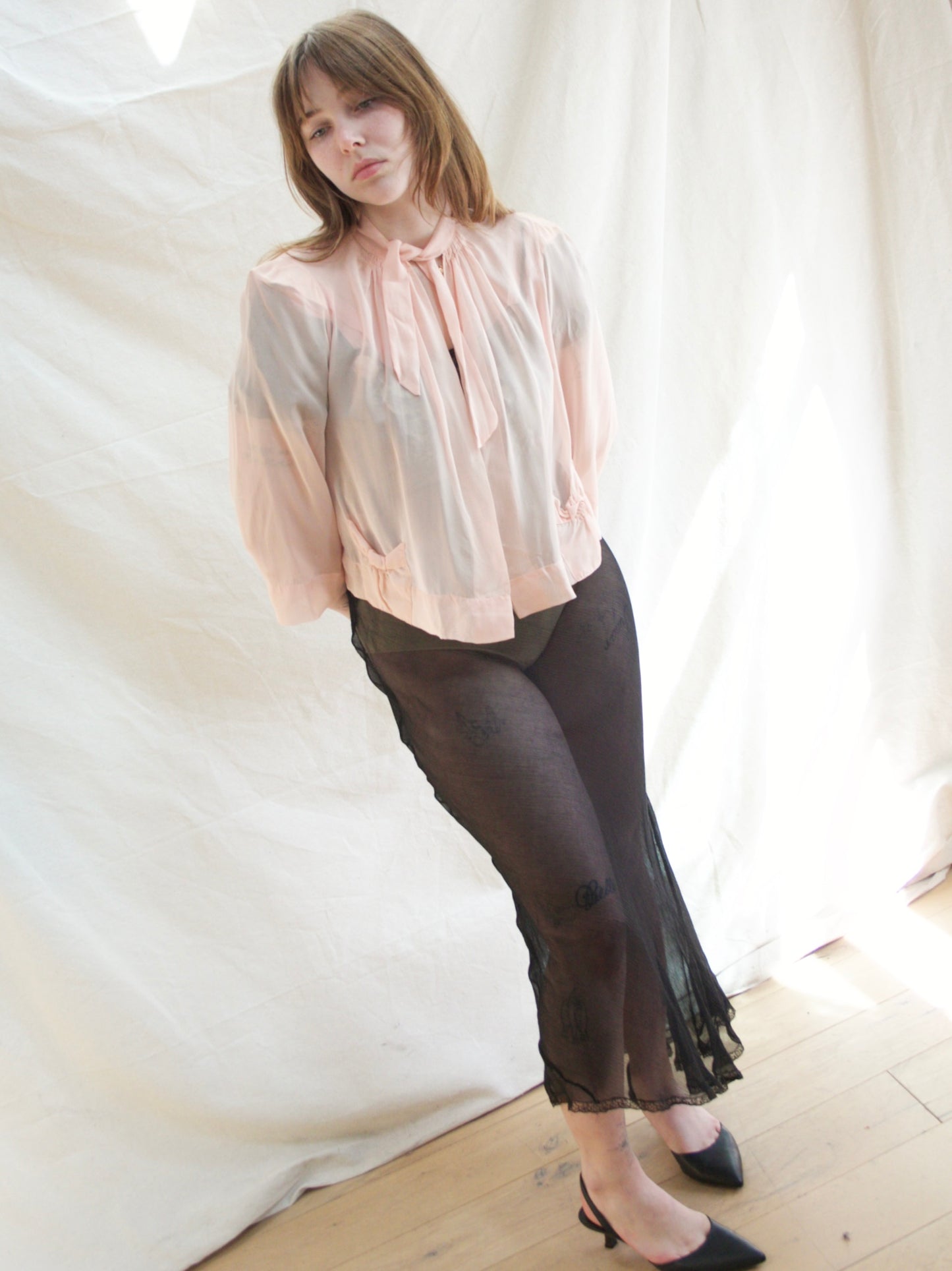 1930s Pale Pink Chiffon Peaked Shoulders Over Jacket