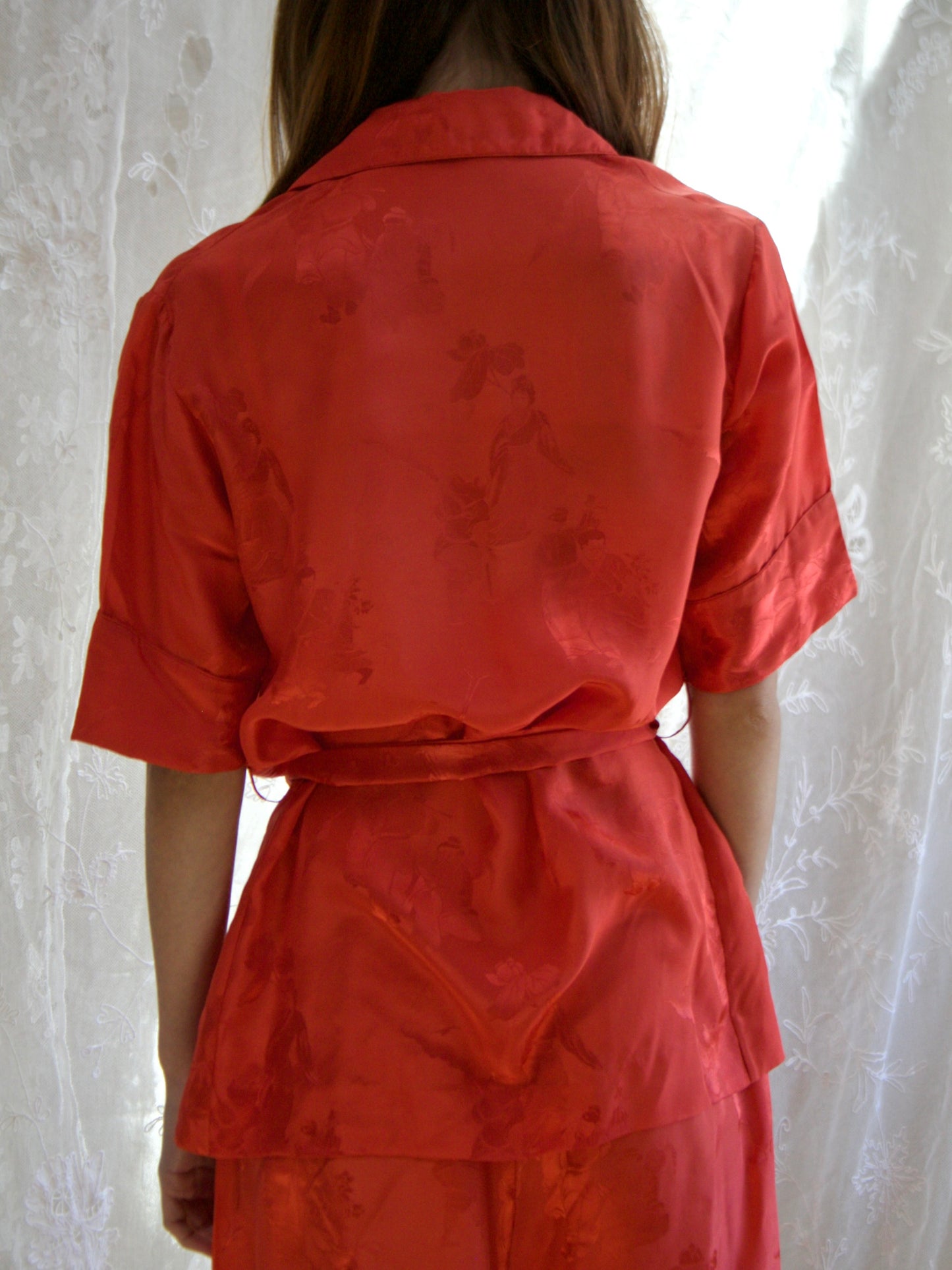 1940s Chinese Silk Jacquard 3 Piece Loungewear Ensemble