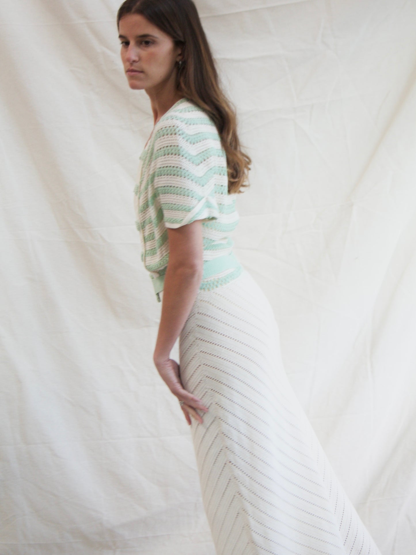 1930s Mint & Cream Striped Knit Belted Dress