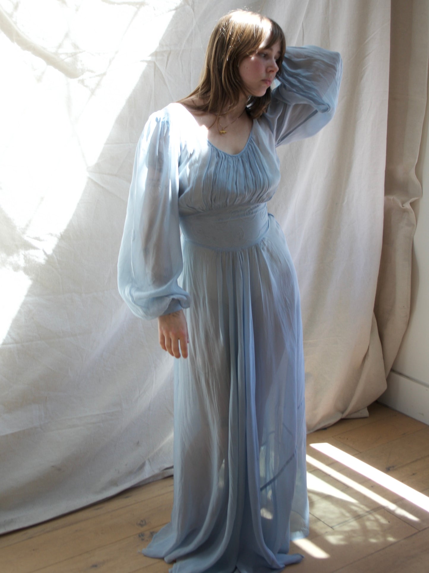 1930s Balloon Sleeve Baby Blue Sheer Gown