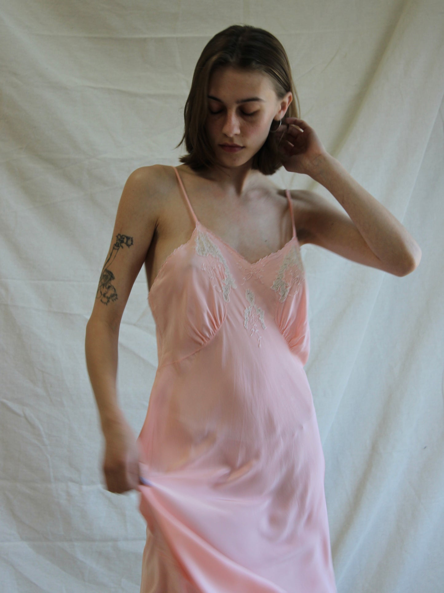 1940s Cold Rayon Insertion Lace Short Bias Cut Slip Dress