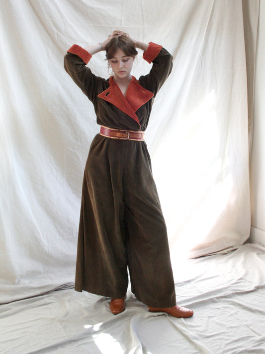 Rare 1930s Wide Wale Corduroy Convertible Bodice Palazzo Jumpsuit