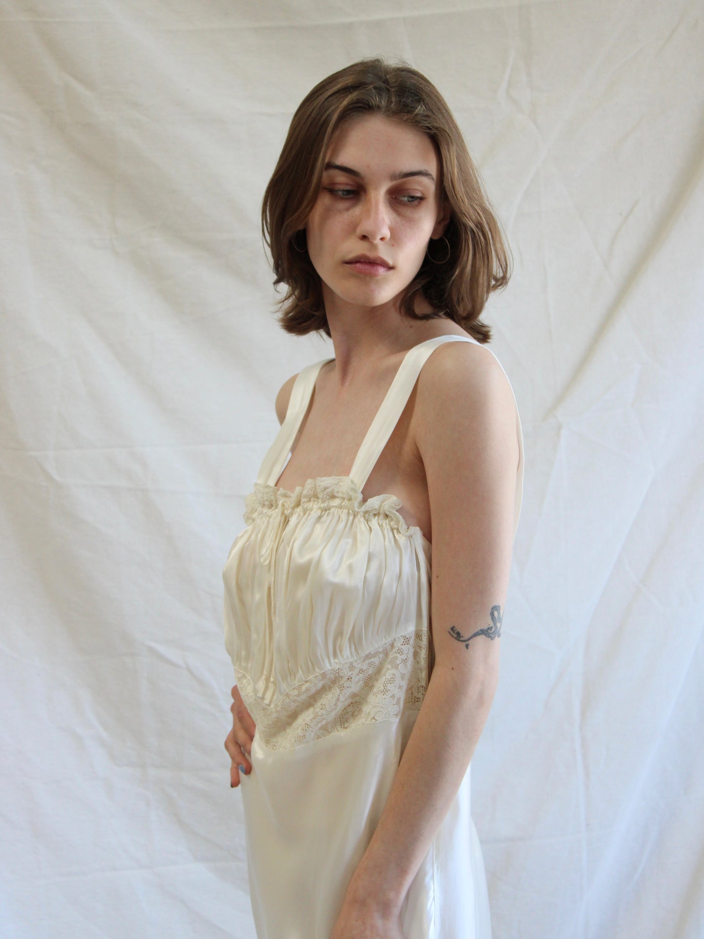 1940s Lace & Ivory Liquid Satin Ruffle Trim Bias Cut Slip Dres