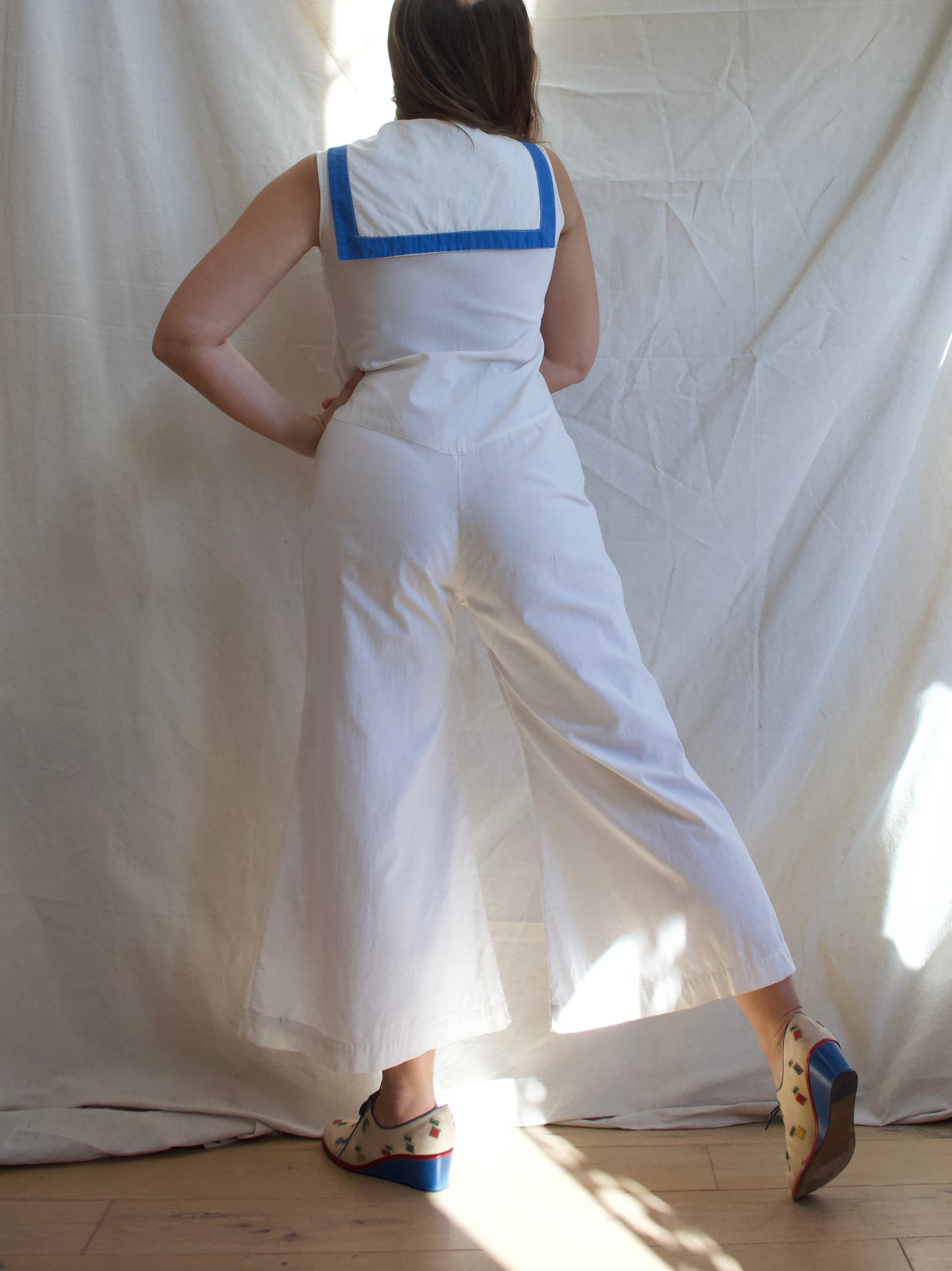 Rare 1930s Linen Hand Drawn Sailor Beach Pajamas