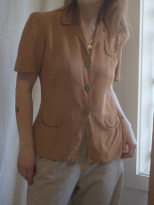 1940s Terracotta Puff Sleeve Rayon Sportswear Blouse