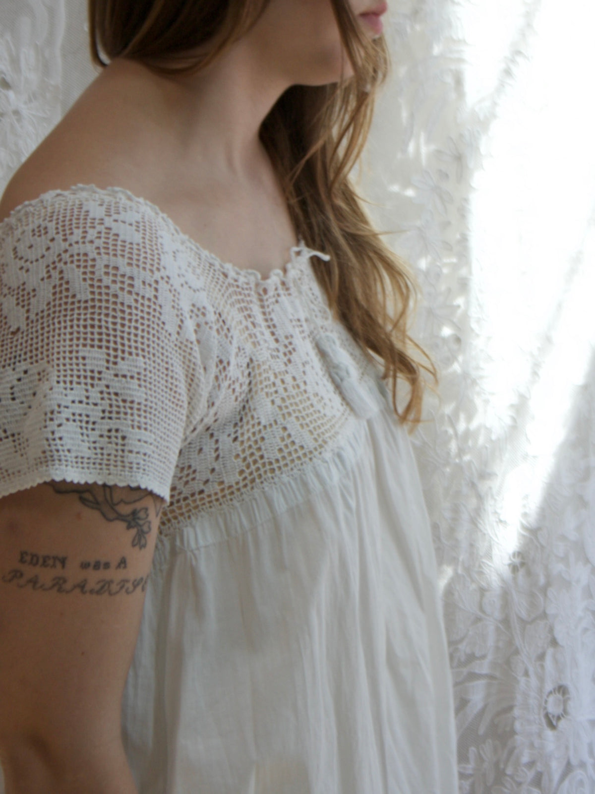 Antique Edwardian Cotton Crochet Yoke Chemise Dress