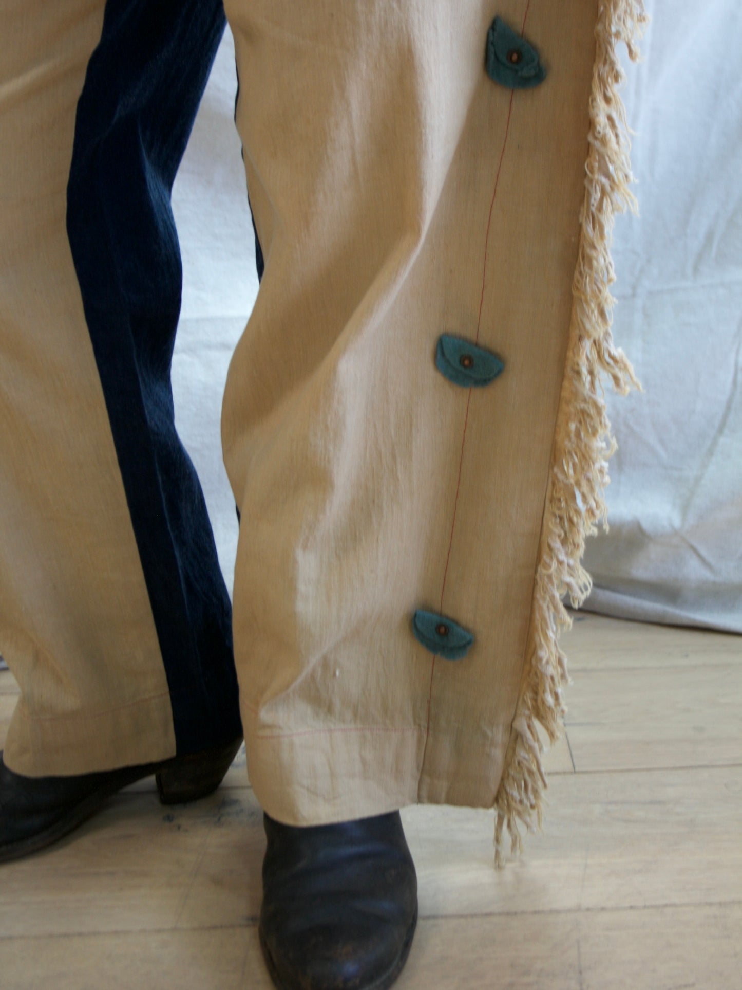 RARE 1940s Western Side Button Two Tone Built-in Chaps Fringe Denim