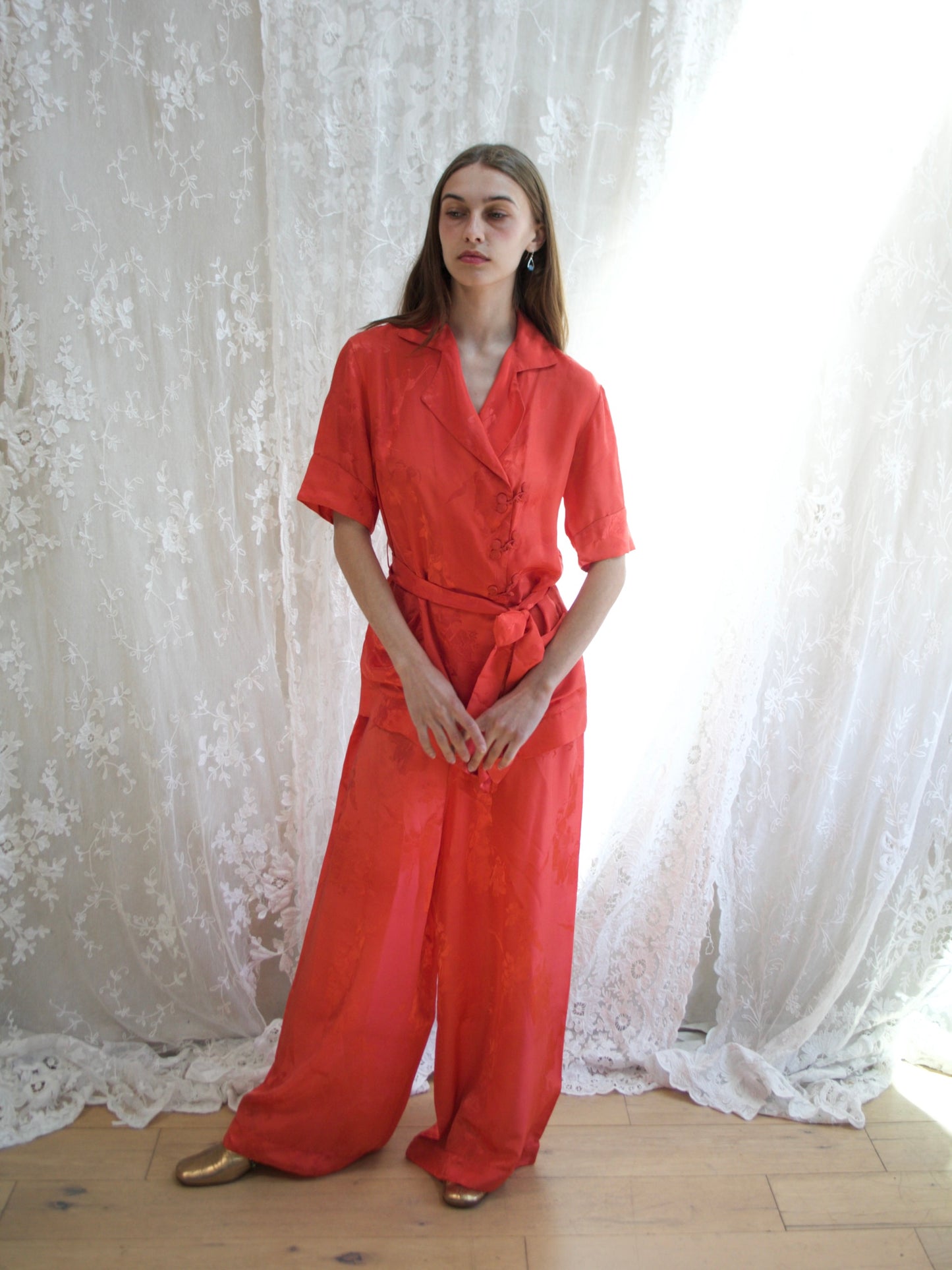 1940s Chinese Silk Jacquard 3 Piece Loungewear Ensemble
