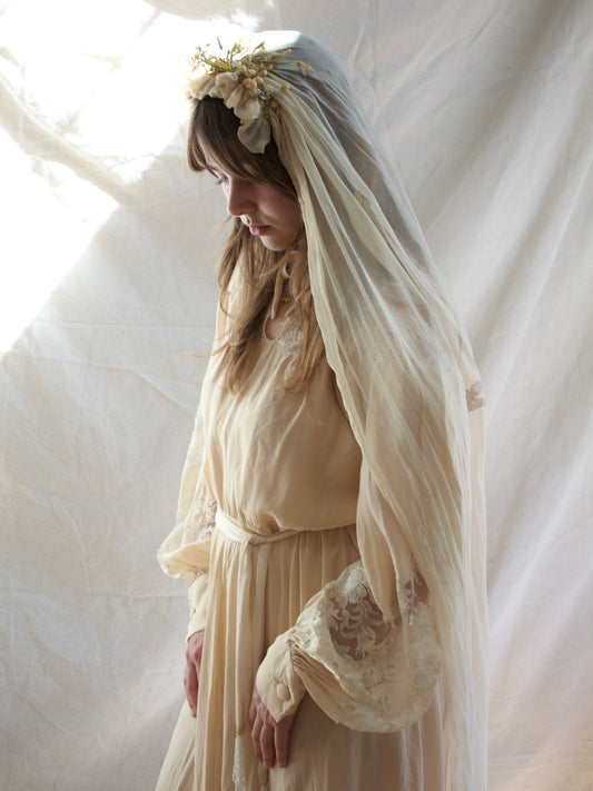 Antique Edwardian Wax Flower Crown Chiffon Applique Bridal Veil