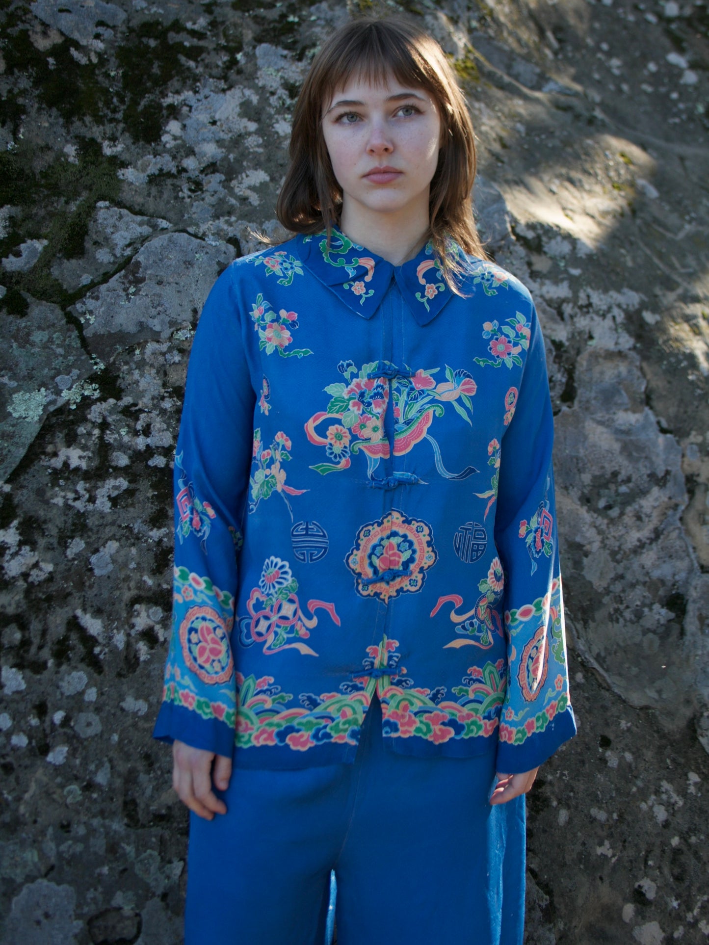 1940s Printed Two Piece Smooth Rayon Chinese Lounge Set