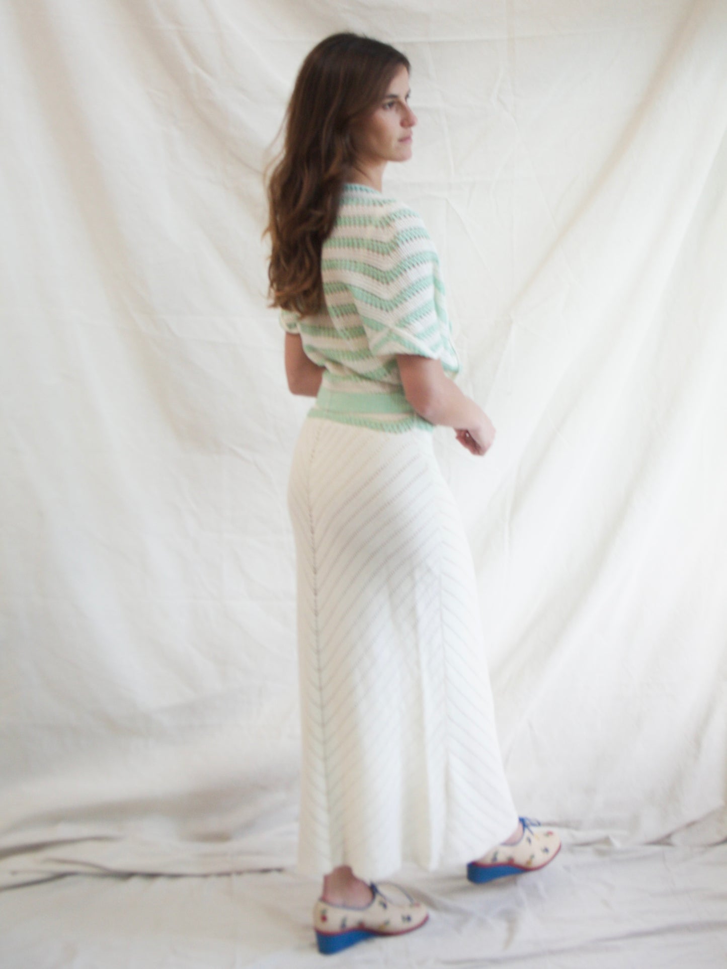 1930s Mint & Cream Striped Knit Belted Dress