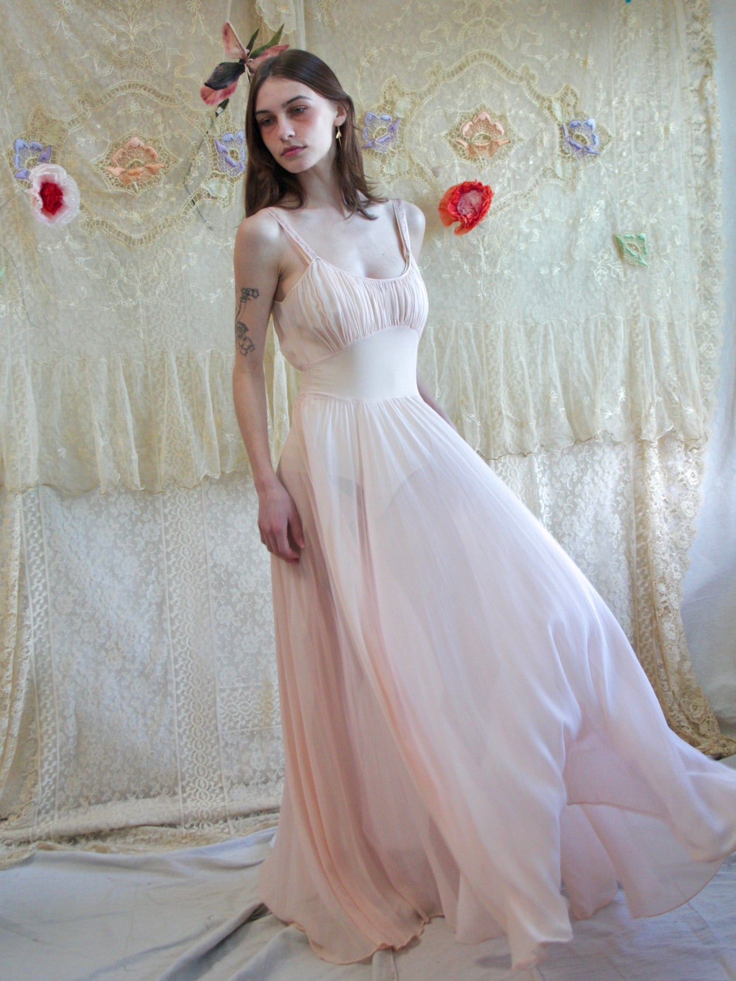 1930s Petal Pink Chiffon Gathered Sweeping Slip Dress
