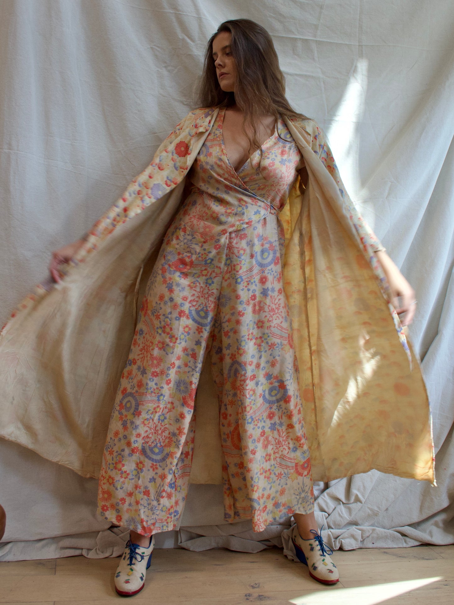 1930s All Over Japanese Print Pongee Silk Lounge Jumpsuit