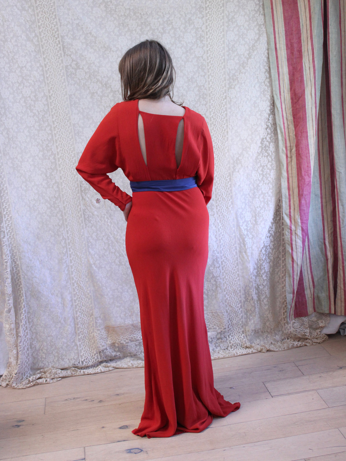 1930s Tomato Red Keyhole Back Rayon Crepe Bias Gown
