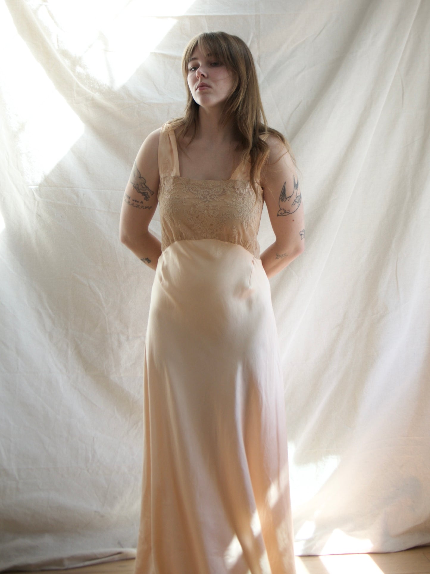 1930s Blush Pink Silk Ecru Lace Bias Cut Slip Gown