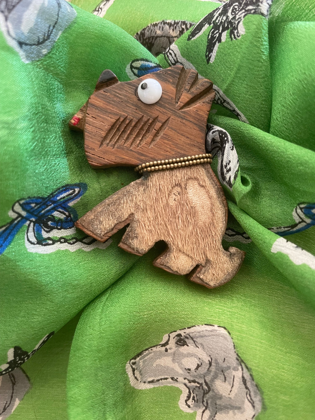 1940s Googly Eye Carved Wood Dog Pin