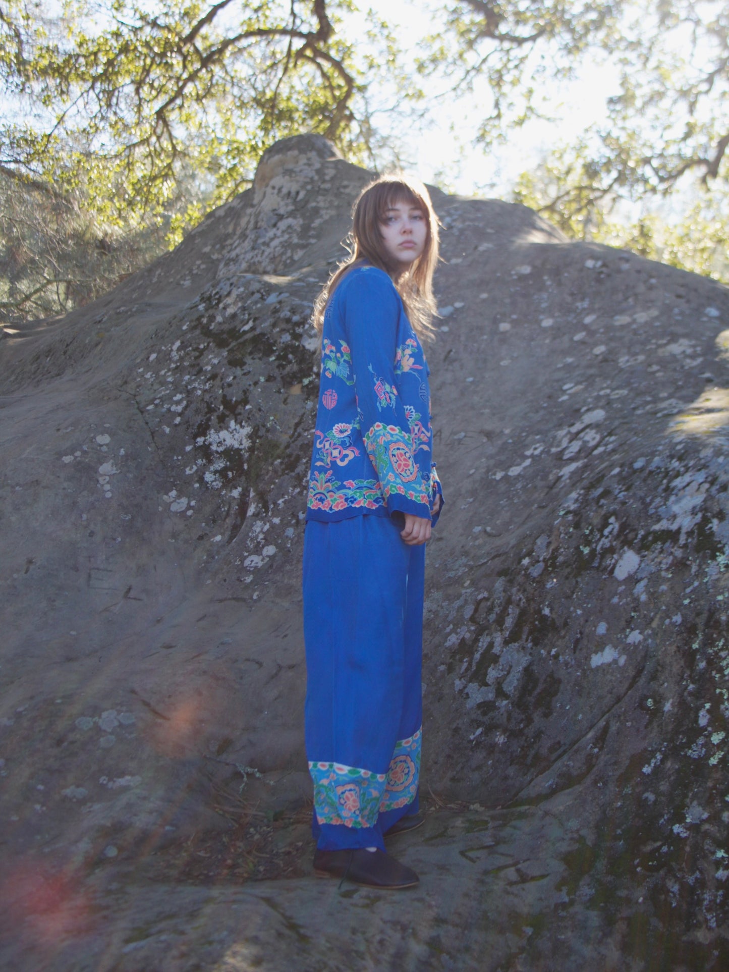 1940s Printed Two Piece Smooth Rayon Chinese Lounge Set
