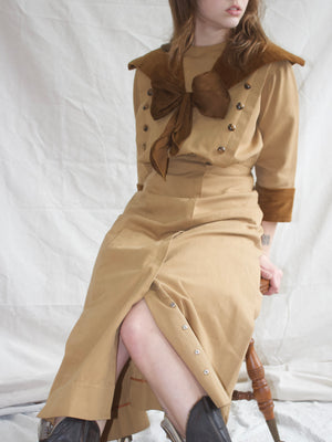 1910s Edwardian Khaki & Corduroy Riding Habit Dress