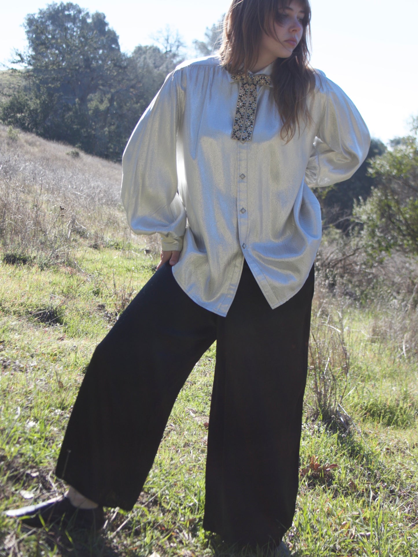 1940s Noir Slippery Silk Satin Wide Leg Pants