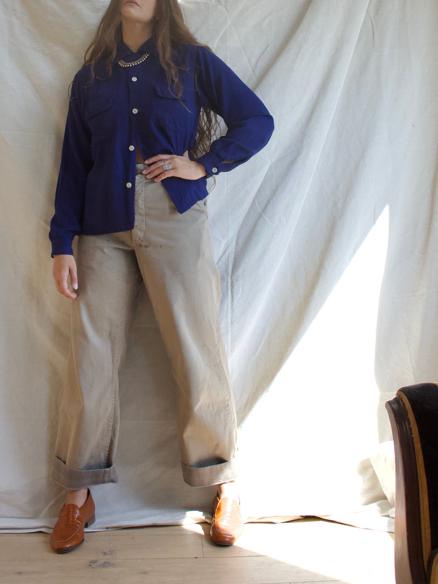 1950s Deep Royal Blue Smooth Gabardine Loop Collar Shirt