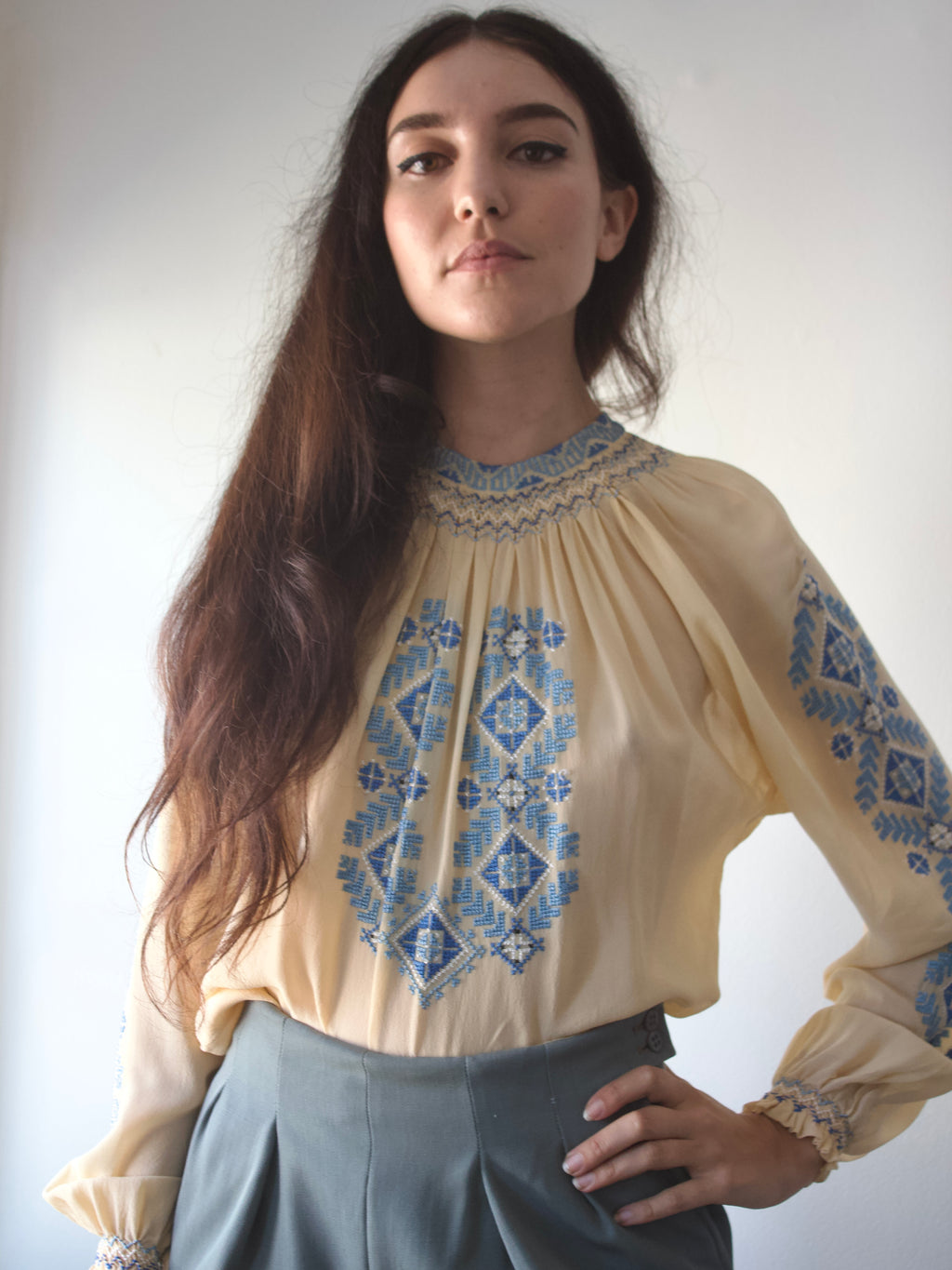 1930s Eastern European Pastel Embroidered Ecru Chiffon Smocked Blouse