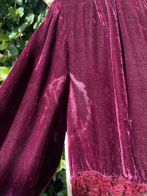 1920s Merlot Silk Velvet & Lace Bell Sleeve Dress