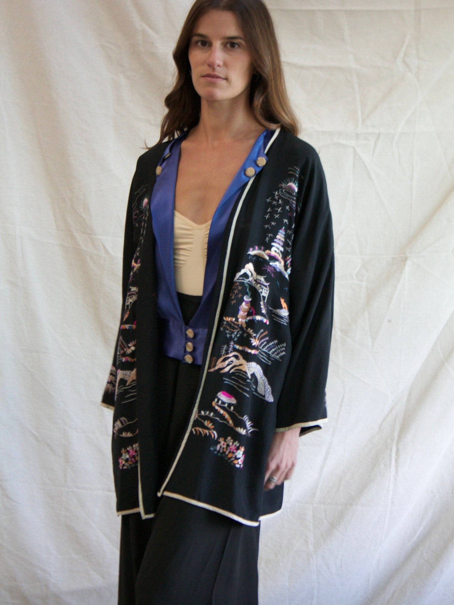 1930s Embroidered Asian Silk Bell Sleeve Robe