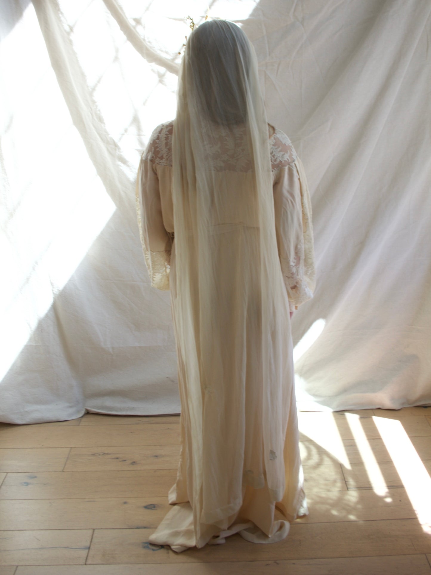 Antique Edwardian Wax Flower Crown Chiffon Applique Bridal Veil