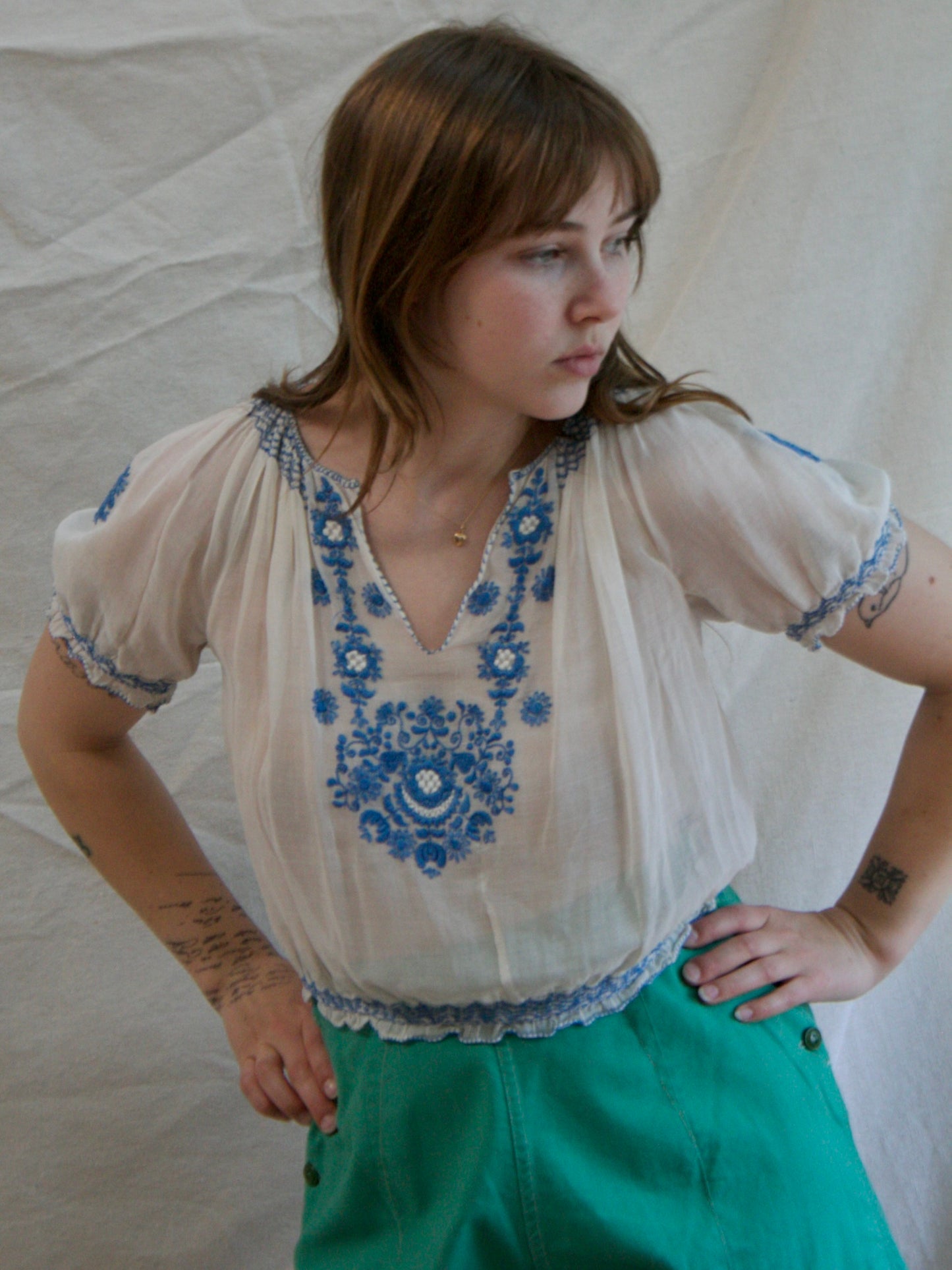 1930s Hungarian Embroidered Folk Cotton Blouse