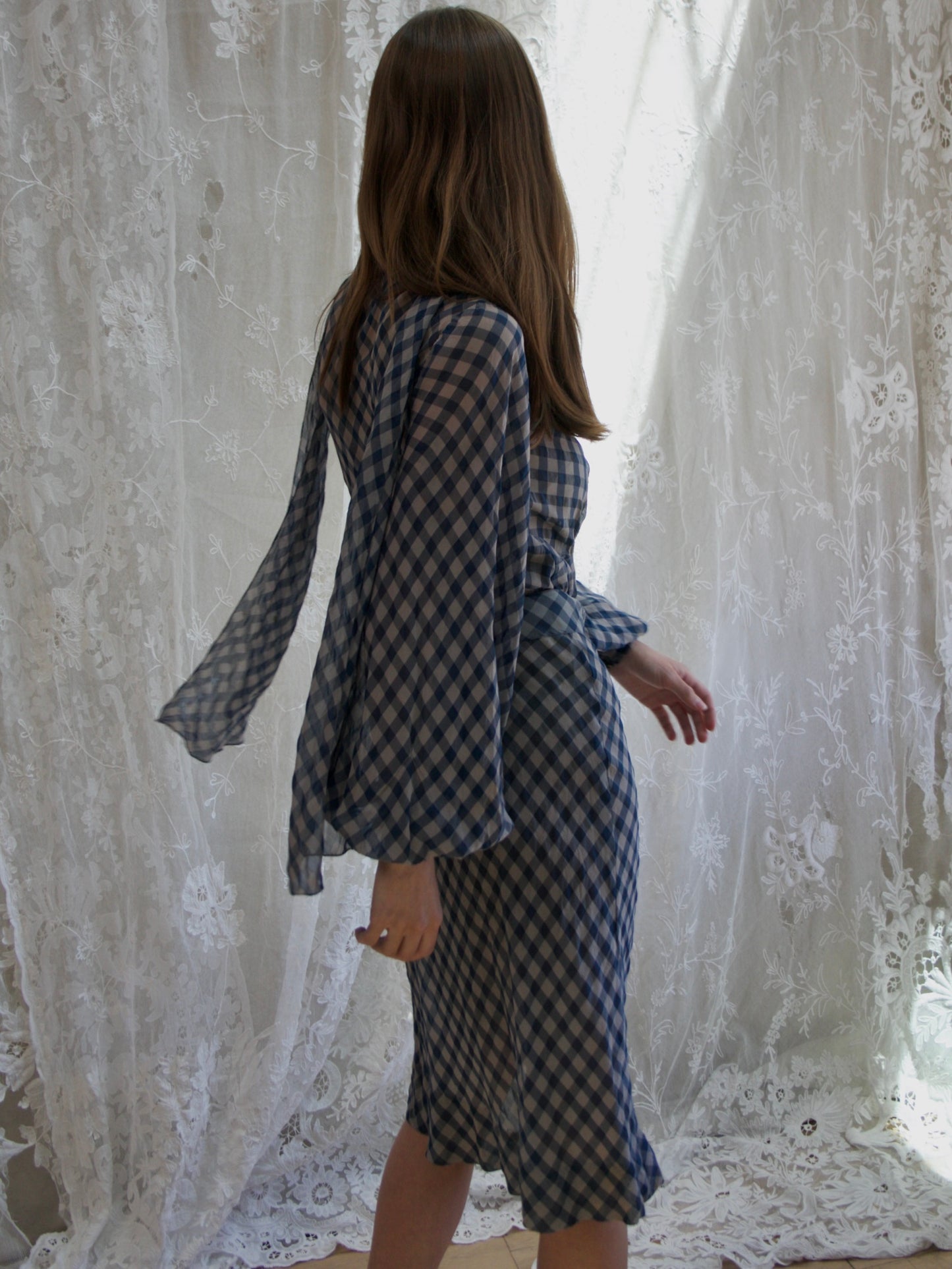 1930s Windowpane Balloon Sleeve Crepe Chiffon Tie Neck Dress